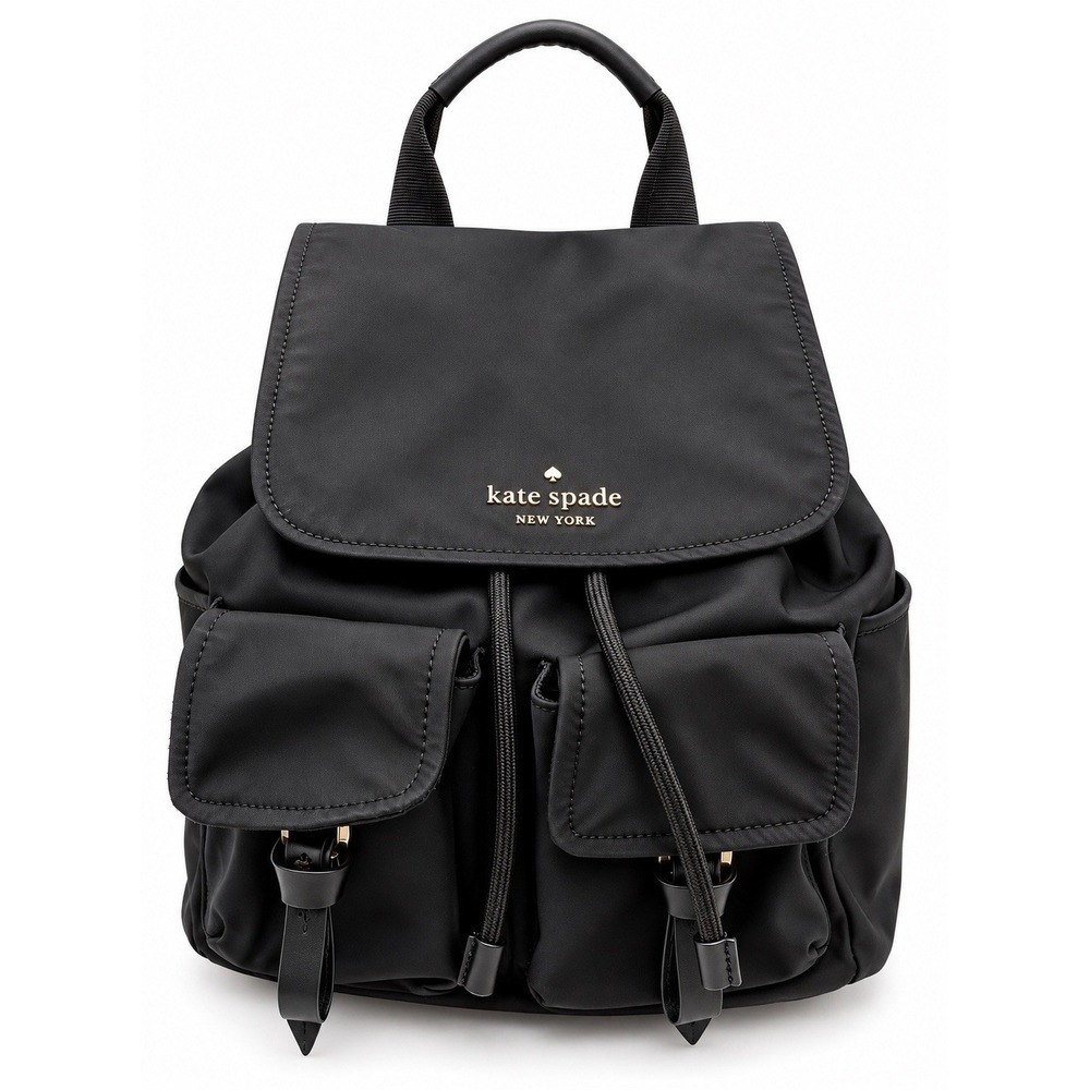 Kate Spade Carley Flap Backpack Purse Black Nylon Drawstring Whimsigoth Y2K 90s